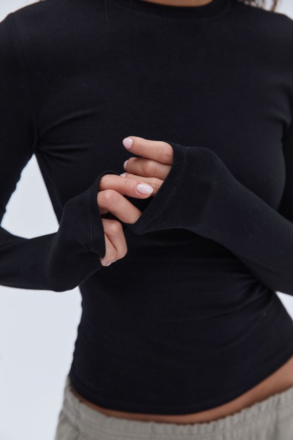 Cotton Long Sleeve Top - Black - Image 2